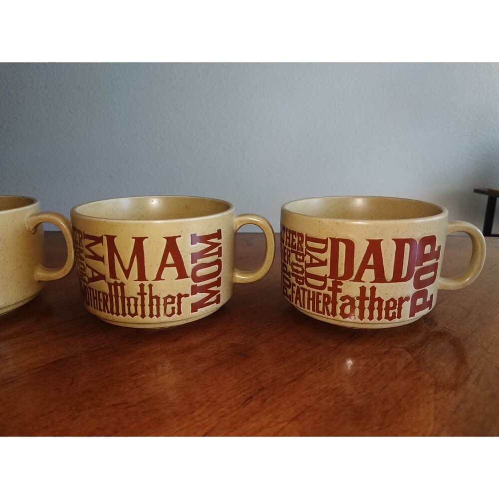 Lot 4x Vintage 1970’s Soup & Crackers Mom Dad Speckled Stoneware Mugs Japan Tan - Picture 9 of 15